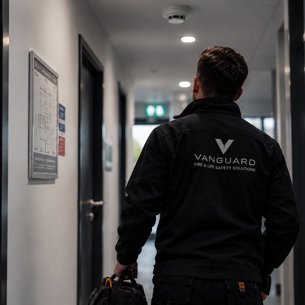 A Vanguard engineer walking a corridor past a fire plan and detection devices